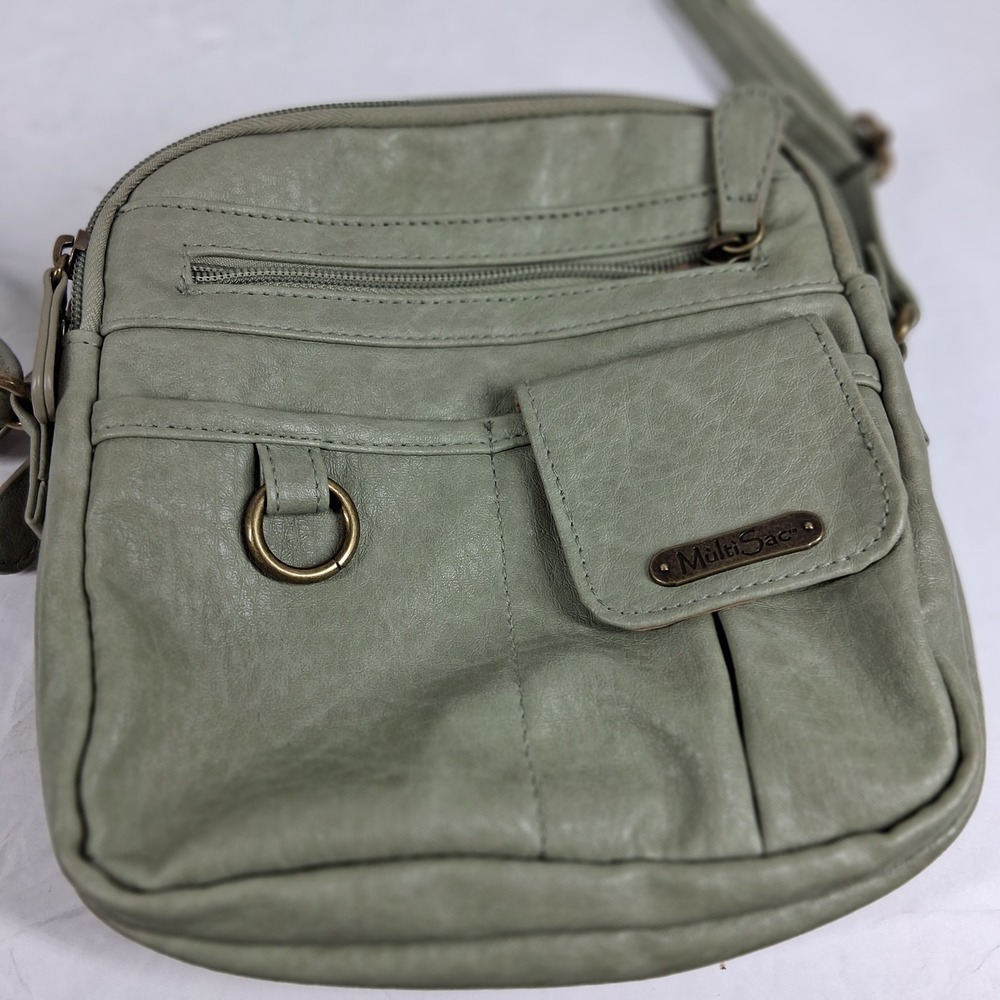 MultiSac Sage Green Vegan Leather Crossbody Bag‎ Triple Compartment Organizer